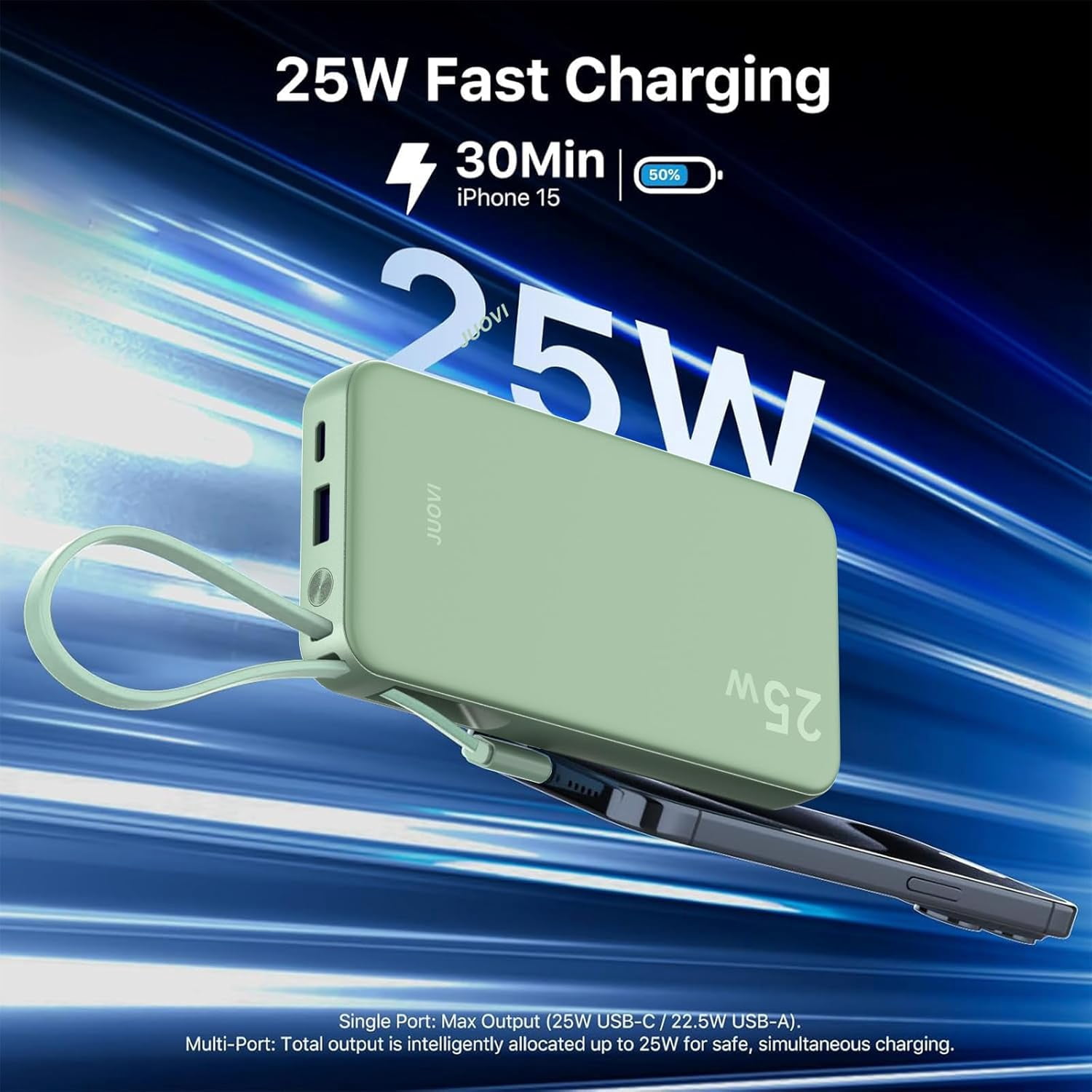 RGHJAR-25W Portable Charger, 10000mah Power Bank Fast Charging with Built-in USB-C Cable, Battery Pack with LED Display, Portable Phone Charger for iPhone 17 16 15 14 Samsung S24 S23 iPad Tablets