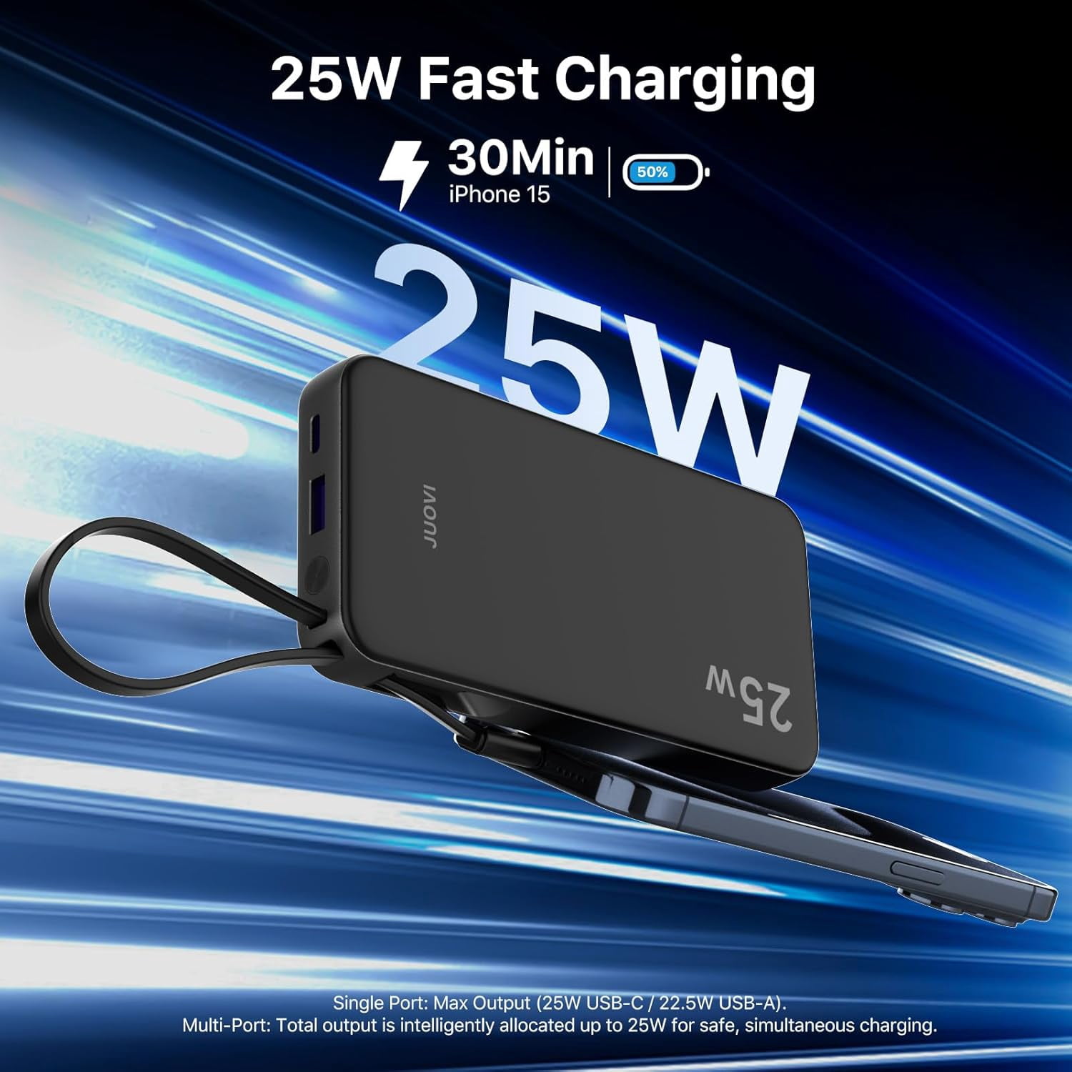 RGHJAR-25W Portable Charger, 10000mah Power Bank Fast Charging with Built-in USB-C Cable, Battery Pack with LED Display, Portable Phone Charger for iPhone 17 16 15 14 Samsung S24 S23 iPad Tablets