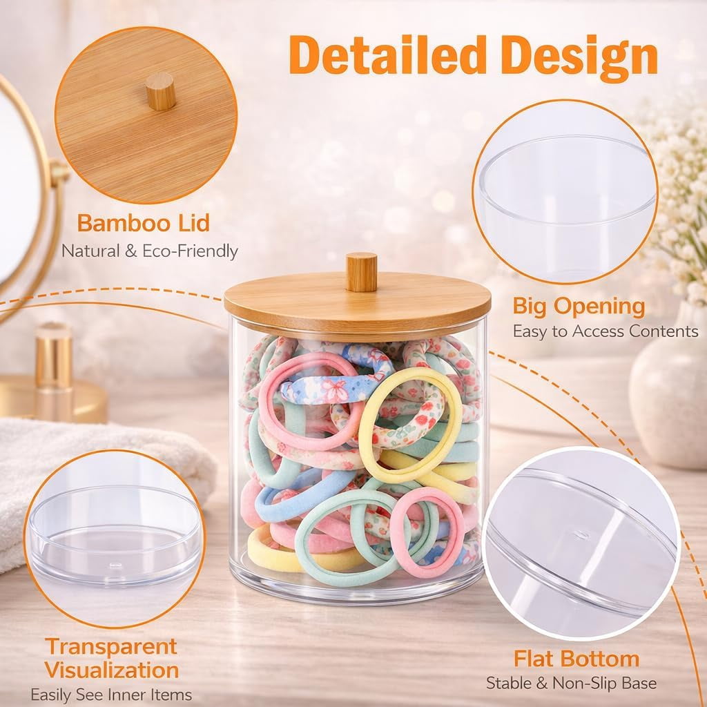 RGHJAR-2Packs Scrunchie Organizers HolderHair Accessories Organizer with Wooden Lid,Acrylic Hair Tie Clip for Bathroom Storage Organizer & Beauty Supplies(Clear)