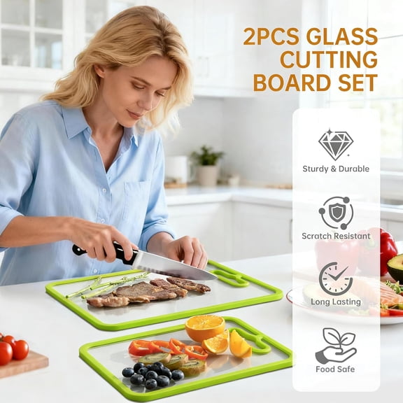 RGHJAR-2Pcs Green Glass Cutting Board for Kitchen, Tempered Glass Chopping Board with Non-Slip Edges, Dishwasher Safe Clear Cutting Board Set for Countertop, 15"11" & 13"9"