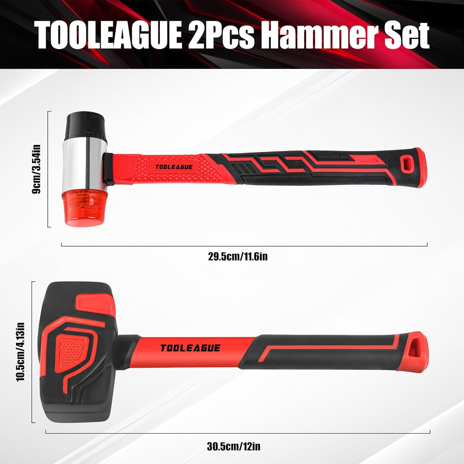 RGHJAR-2Pcs Hammer Set,16oz Rubber Mallet & 35mm Double-Faced Soft Mallet for Camping, Woodworking, DIY Projects, Landscaping,Flooring, Tent Stakes, Black and Red