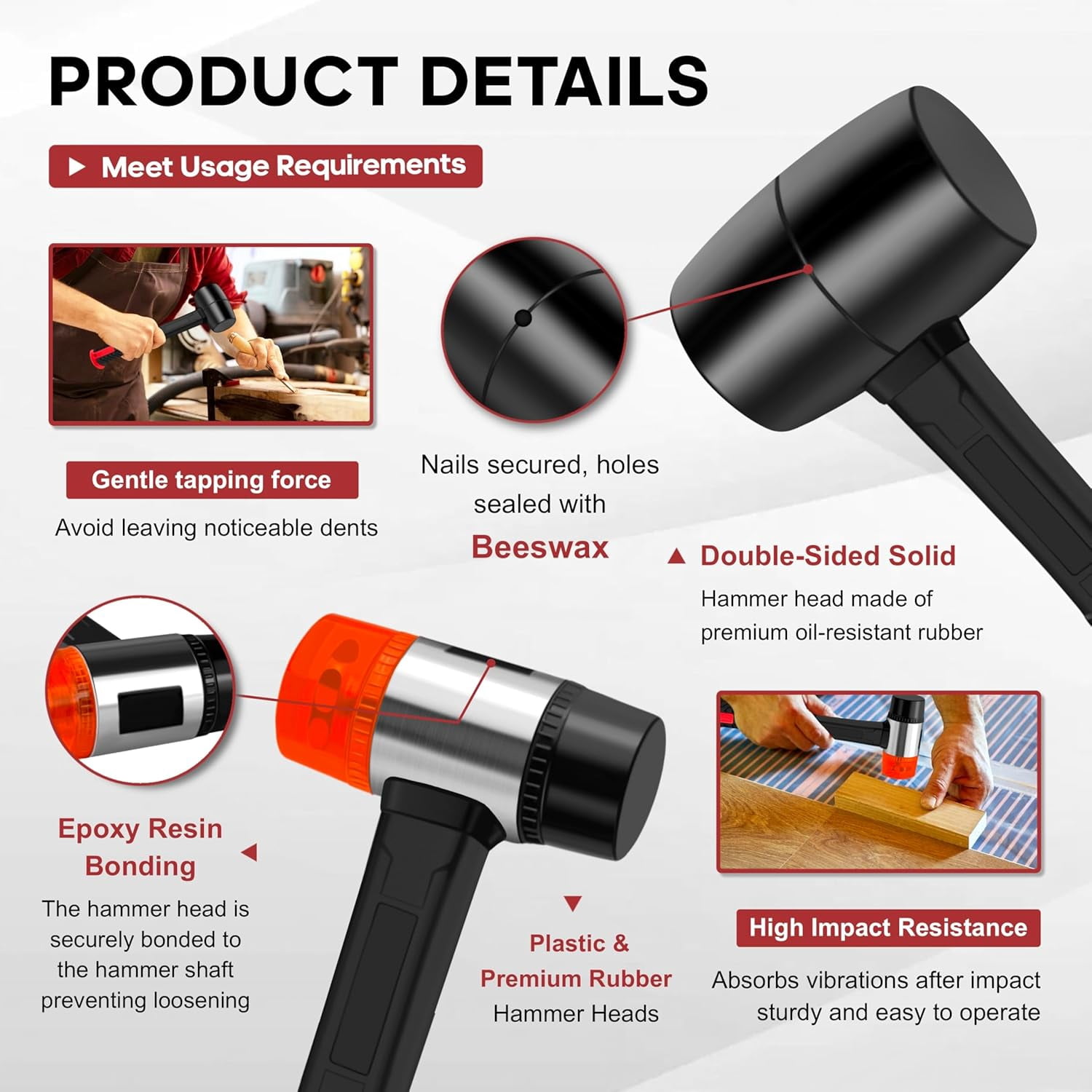 RGHJAR-2Pcs Hammer Set, 16oz Rubber Mallet Hammer and 40mm Double-Faced Soft Hammer, Solid Head, Fiberglass Handle, Ergonomic Grip, 2-Piece Rubber Mallet Set for Flooring,Tent,Woodworking,Camping