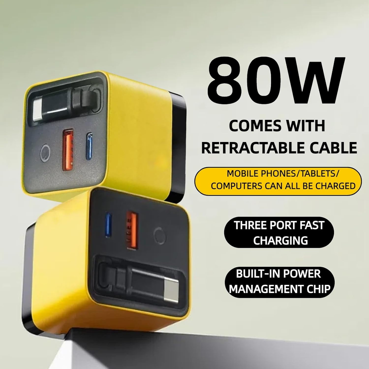 RGHJAR-3 in 1 GaN Charger,80w Fast Charger Adapter with Type-C Cable & 2 USB Ports,Multi-Functional Retractable All in one Charger for Phone,Tablets,laptops (Yellow)