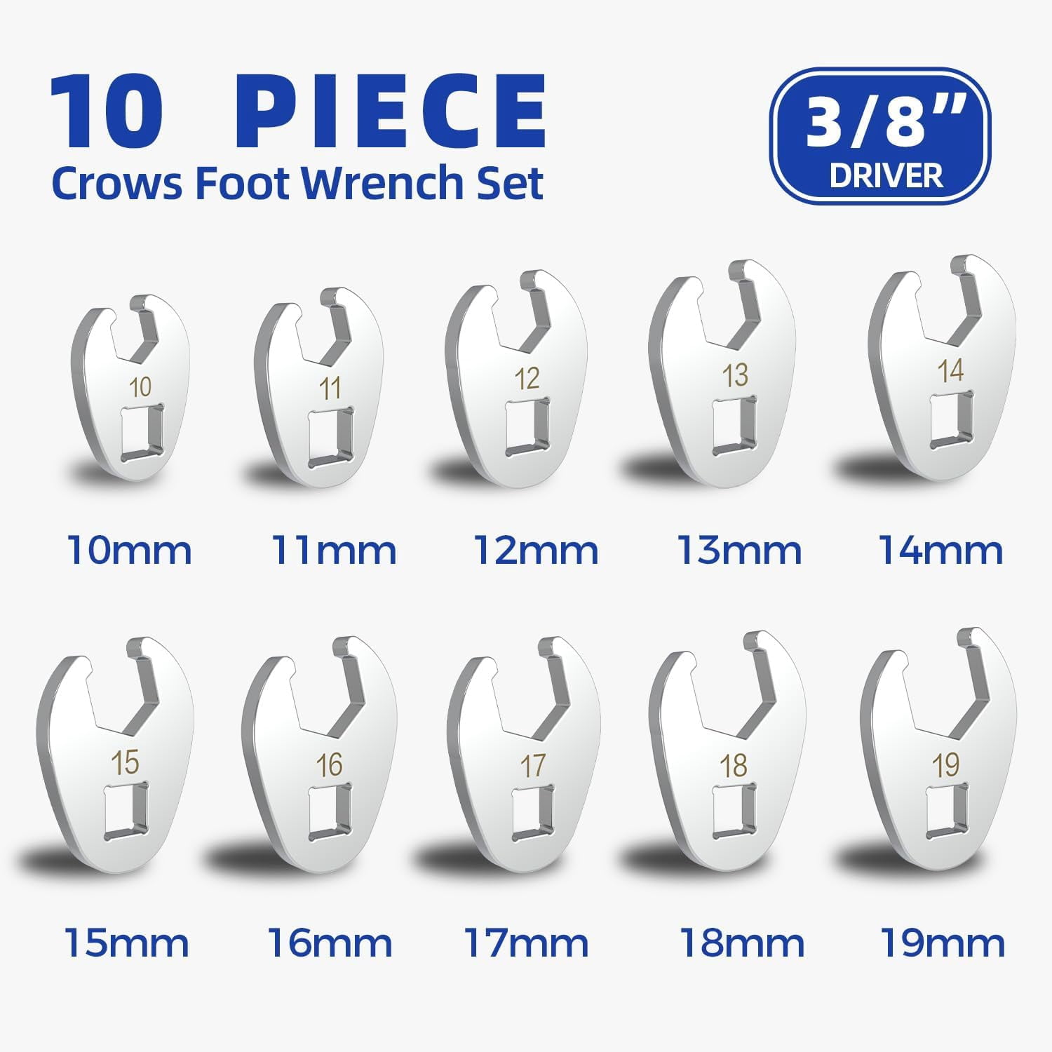 RGHJAR-3/8" Drive Flare Nut Crowfoot Wrench Set with Storage Pouch, Metric 10 Piece Cr-V Steel + Ni-Cr Plating 5 Point Grip Flare Nut Crow Foot Tool Set, 10-19 mm Crowfoot Wrench for Tight Spaces Car
