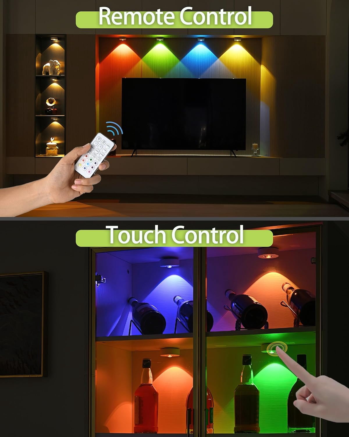 RGHJAR-3 Pack Wireless RGB Under Cabinet Lights with Timer Function, Rechargeable Puck Lights with Remote Control, Dimmable Magnetic Stick On Light, LED Touch Tap Light for Kitchen, Cabinets, Closet