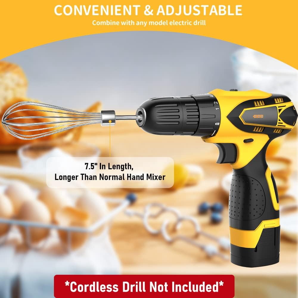 RGHJAR-3-Piece Stainless Steel Hand Mixer Attachment Set - Whisk, Dough Hook, Egg Beater for Drills - Dishwasher Safe, 7.5 Inch (Drill Not Included)