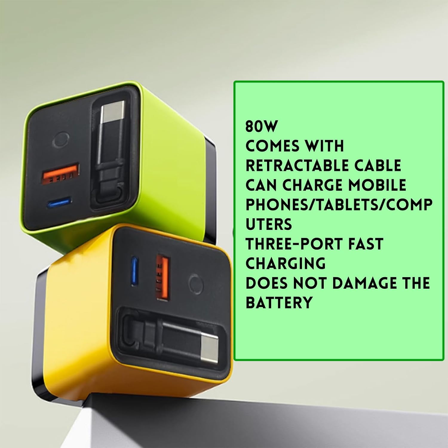 RGHJAR-3 in 1 Charger Scalable 80w Max Fast Charger Module with Type-C Cable and 2 USB Ports, All in One Charger Retractable Phone Wall Plug