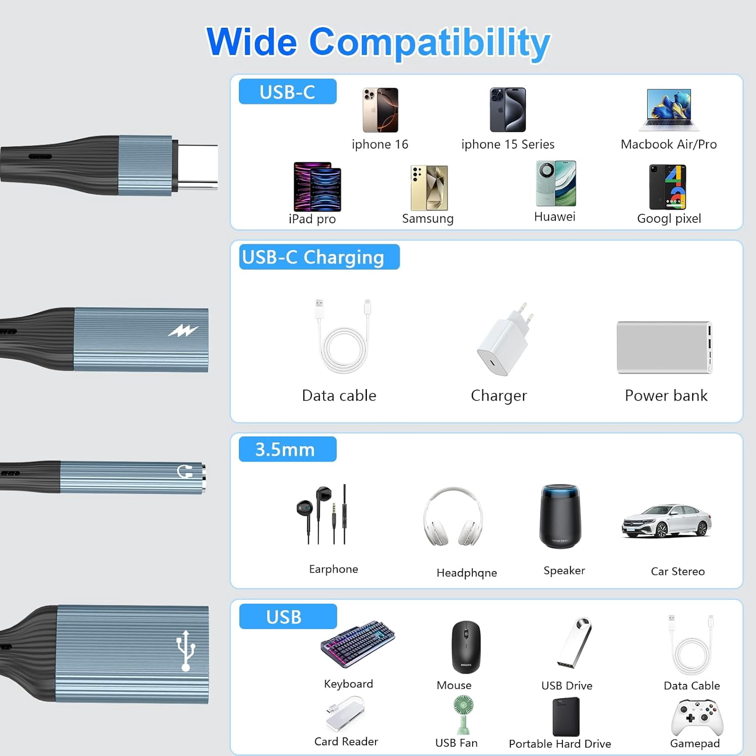 RGHJAR-3-in-1 USB C to 3.5mm Headphone and USB C Charger Adapter,Type-C to USB OTG Adapter with USB+USBC Charging+3.5mm Headphone Port,USBC Splitter for iPhone 17/16/15/Samsung/USB Flash Drive/Keyboa