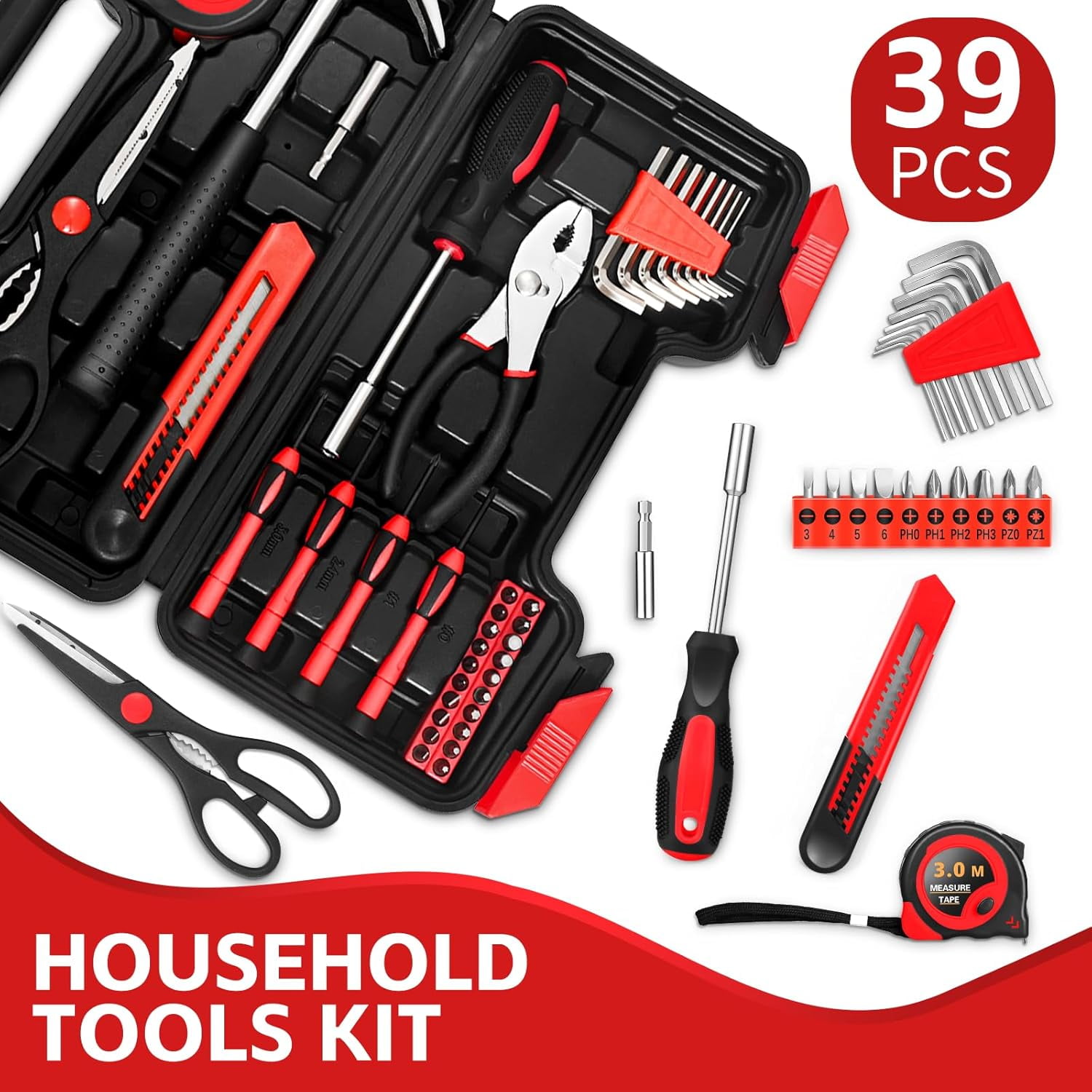 RGHJAR-39 Piece Home Tool Kit General Household Hand Tool Set small tool box with Toolbox Storage Case for Everyday Home Repairs, Mini Tool kit for Women,Red