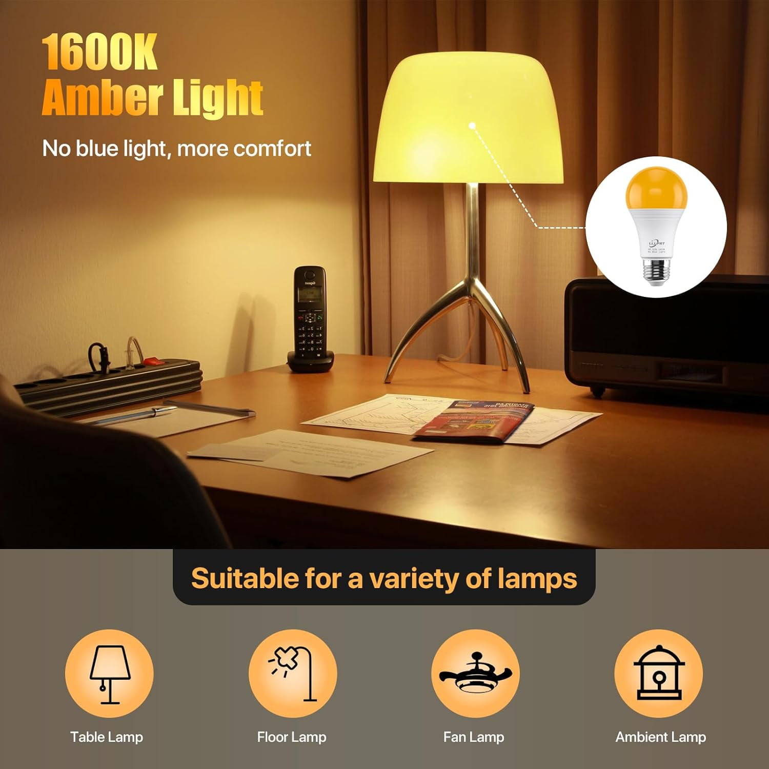 RGHJAR-3W Amber Night Light Bulbs, 2 Pack Dimmable LED Warm White 1600K, Sleep Aid, Blue Light Blocking, Energy Saving, E26 Base Soft Light Bulb for Bedroom, Nursery, Mood Light