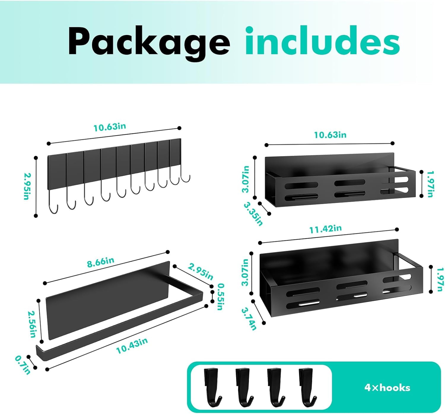 RGHJAR-4 Pack Magnetic Spice Rack for Refrigerator with 4-Hook Rack and Paper Towel Holder, Black Magnetic Shelf and Fridge Kitchen Cabinet Organizers Storage Seasoning Organization Mini Shelves.