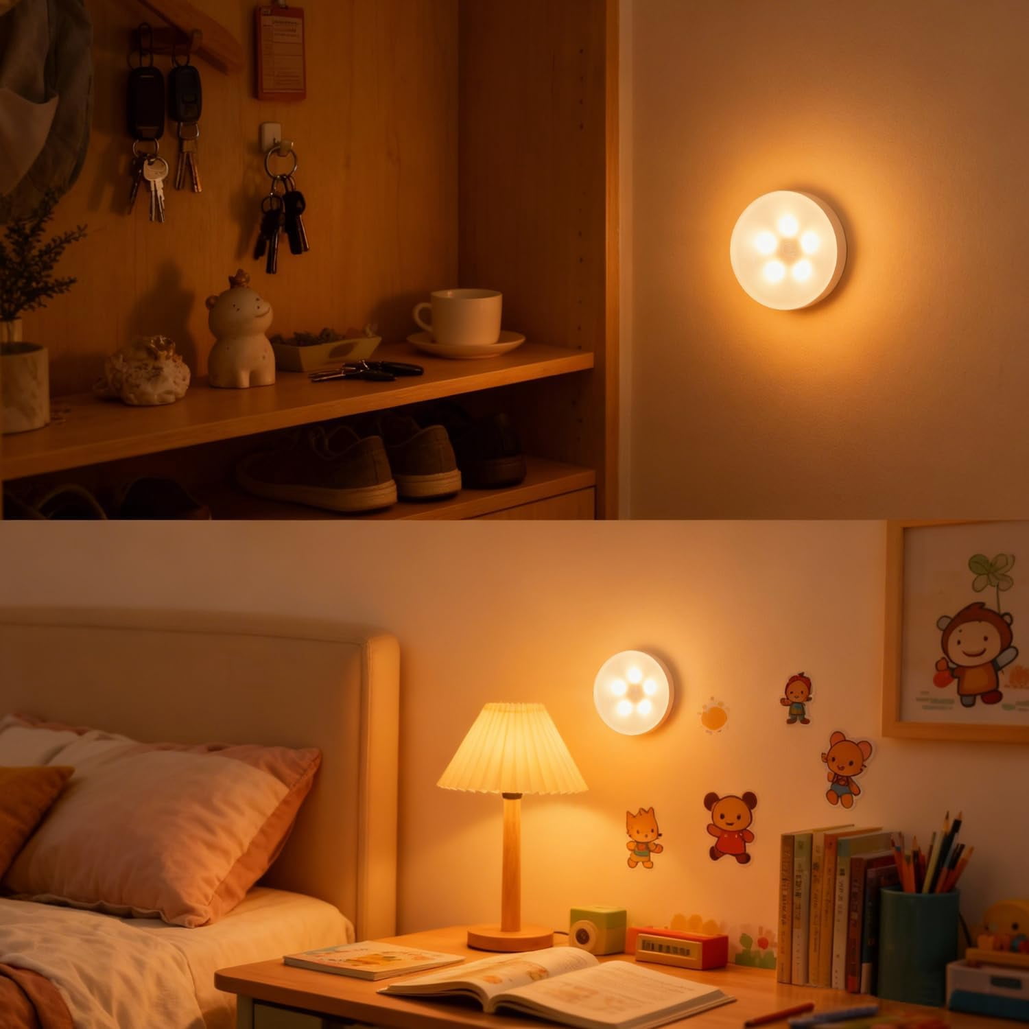 RGHJAR-4 Pack Rechargeable Puck Lights with Remote & Touch Control, Wireless Under Cabinet Lighting, 3 Color Temperatures & Dimmable Stick on LED Lights, Magnetic Tap Light for Closet, Shelf Display,