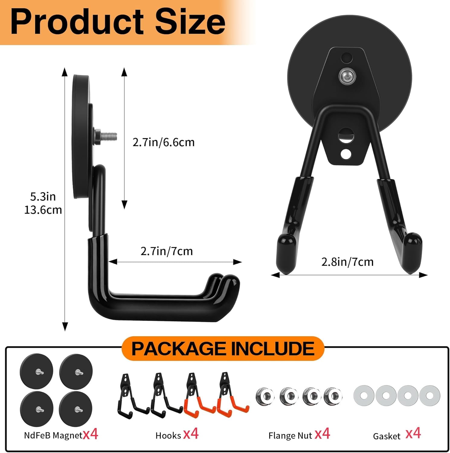 RGHJAR-4 Pack Strong Magnet Hooks Heavy Duty, Rubber Coated No Damage Hook for Garage Storage, Dual Hook Design, Large Magnetic Hangers for Tools, Garden, Workshop (Orange2pcs + Black2pcs)