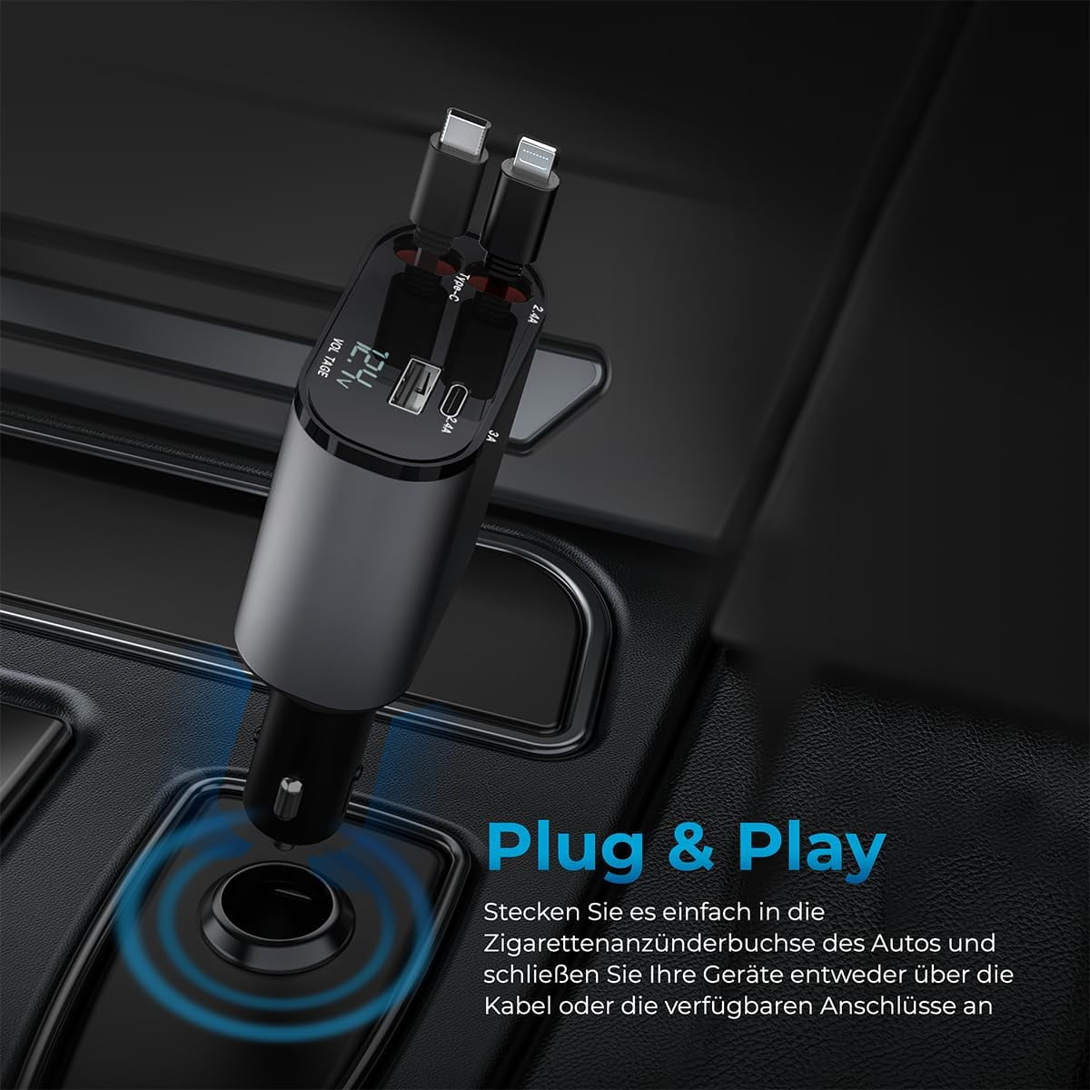 RGHJAR-4-in-1 Retractable Fast Charger, for Cars: 100W Car USB-C & iPhone Cable, USB-C/A Ports - Compatible with iPhone, Galaxy, Pixel and More.