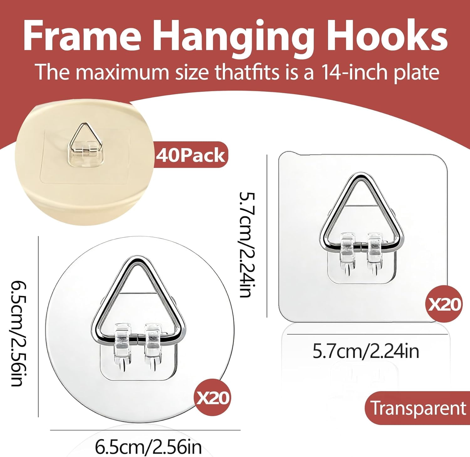 RGHJAR-40 Pack Invisible Adhesive Plate Hangers, Plate Hangers for the Wall, Supports 8-10 Inch Decorative Plates, Art & China, Secure Hangers for Home Décor Ideal (20 Round&20 Square)