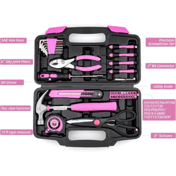 RGHJAR-40-Piece Home Tool Kit with Easy Carrying Box, Small Basic Hand Tool Set Perfect for DIY Building, Home Maintenance and Woodworking, Great for College Students - PINK