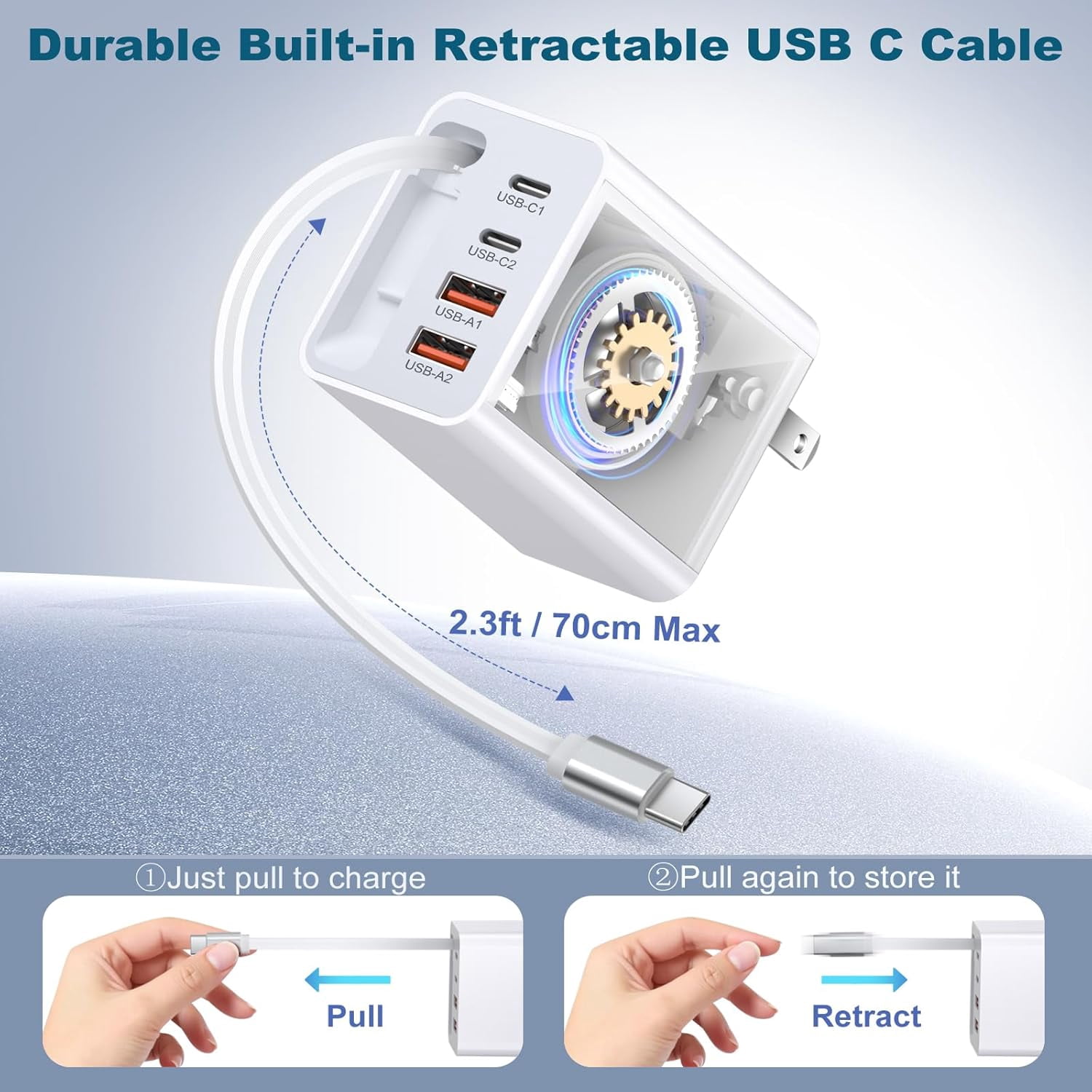 RGHJAR-40W USB C Charger with Retractable USB C Cable, 4-Port Fast Charging Block Foldable Wall Plug, Dual USB-C+USB-A Multiport Travel Power Adapter for iPhone 17 Air 16 15 14 Pro, Galaxy S25 S24 A1