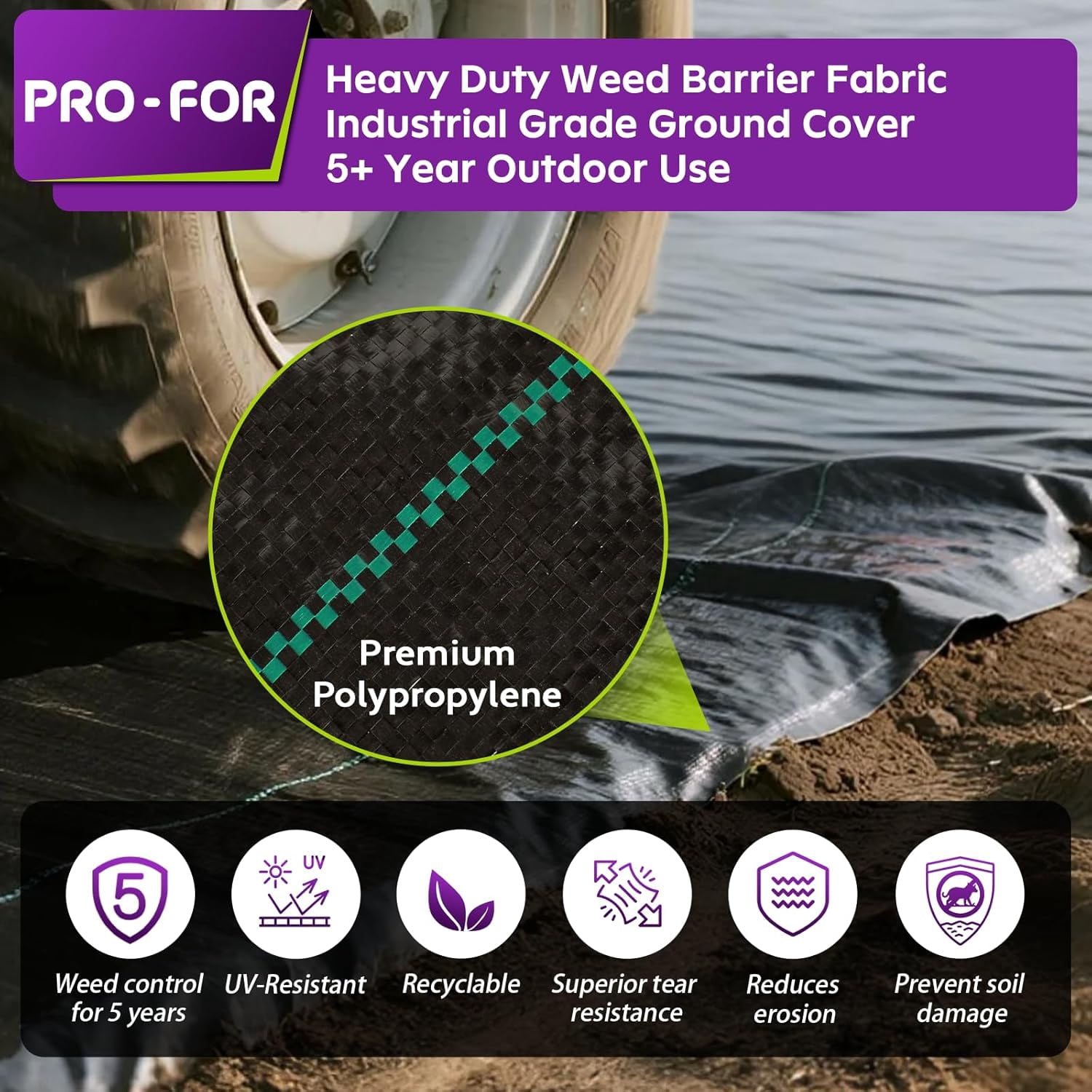 RGHJAR-4FT x 50FT 3.2oz Heavy Duty Weed Barrier Landscape Fabric – Premium Woven Ground Cover for Gardening, Farming & Driveways, Breathable Weed Control Cloth with 10 U-Shaped Securing Pegs