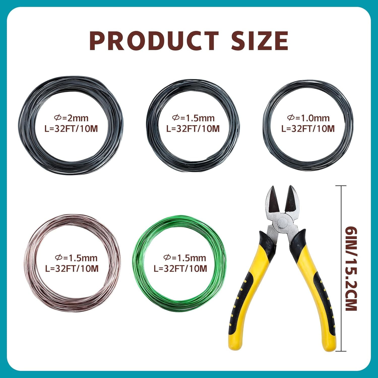 RGHJAR-5 Roll Bonsai Wires, Anodized Aluminum Bonsai Training Wire with Wire Cutter, 3 Colors and 3 Sizes (1mm, 1.5mm, 2mm), Total 160 Feet, Aluminum Wires for Indoor Garden Small Trunks DIY Tools