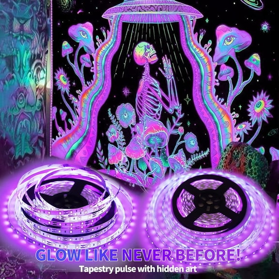 RGHJAR-50 Foot Black Light Strip & Remote, 900LEDs, Dimmable 12V Flexible Black Lights for Glow Party, Bedroom, Halloween, Fluorescent Tapestry Poster, 3 Lighting Modes, Non-Waterproof