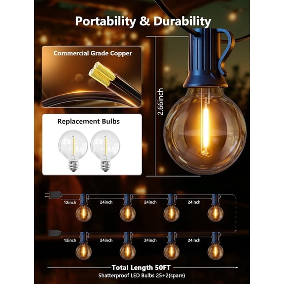 RGHJAR-50FT Outdoor String Lights - Shatterproof G40 LED Bulbs, Waterproof Connectable Patio String Lights for Outside Backyard, Wedding & Bistro Party Decor, Warm White 2700K (25 Bulbs + 2 Spare)