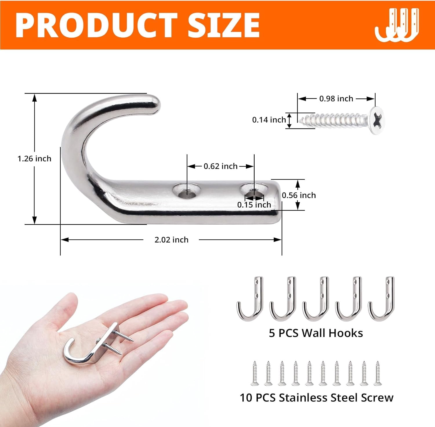 RGHJAR-5PCS 316 Stainless Steel Wall Hooks,Marine Grade Heavy Duty J Type Utility Hangers for Coat Key Boat Garage Storage, Wall-Mounted Stainless Steel Hooks with Screws (Choose 5/8 Packs)