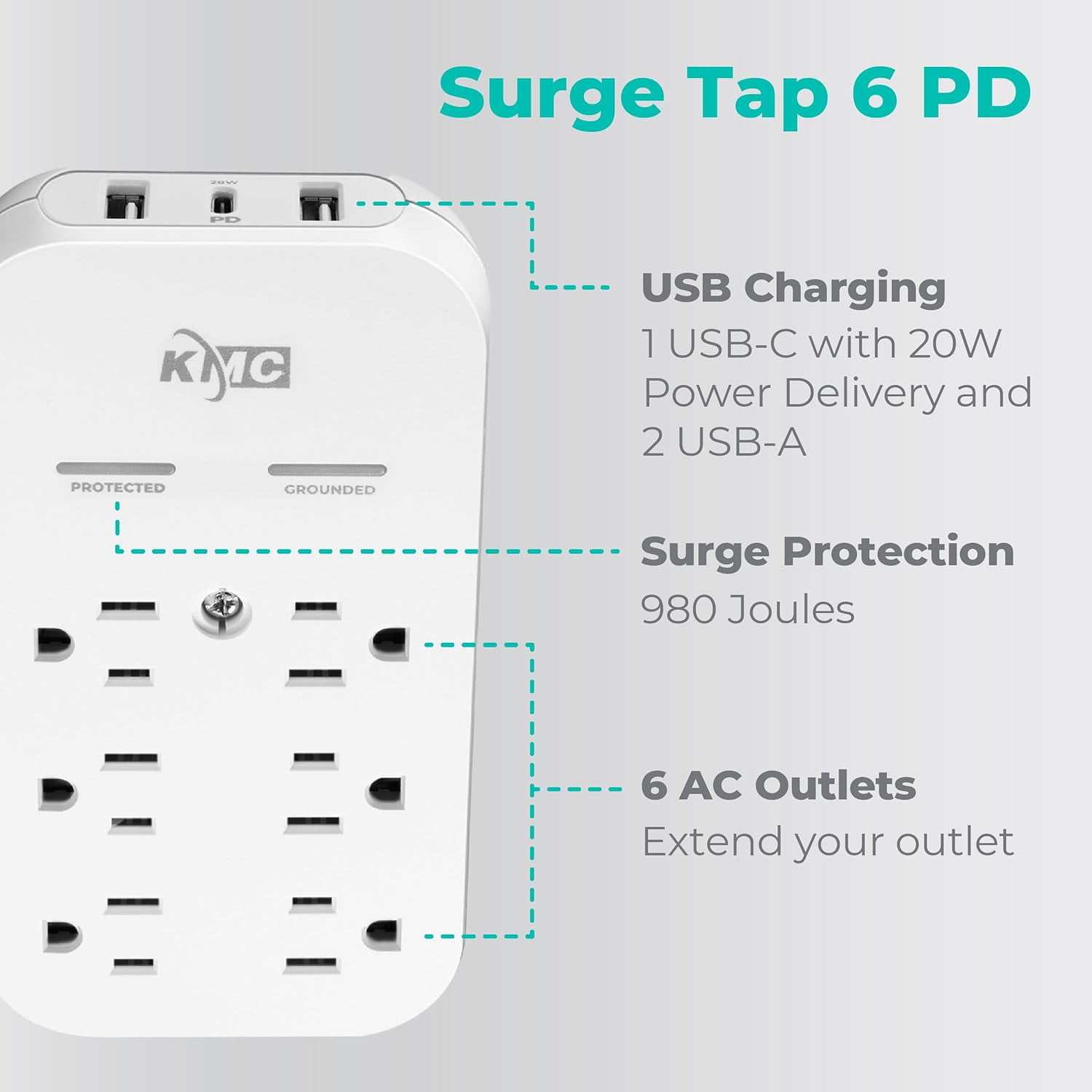 RGHJAR-6-Outlet Extender USB-C PD Surge Protector Wall Tap, Multi-Plug USB Wall Charger, 2 USB-A Ports & USB-C 20W Power Delivery, High-Speed Phone Charger, 980J Surge Protection, UL/ETL Certified, W