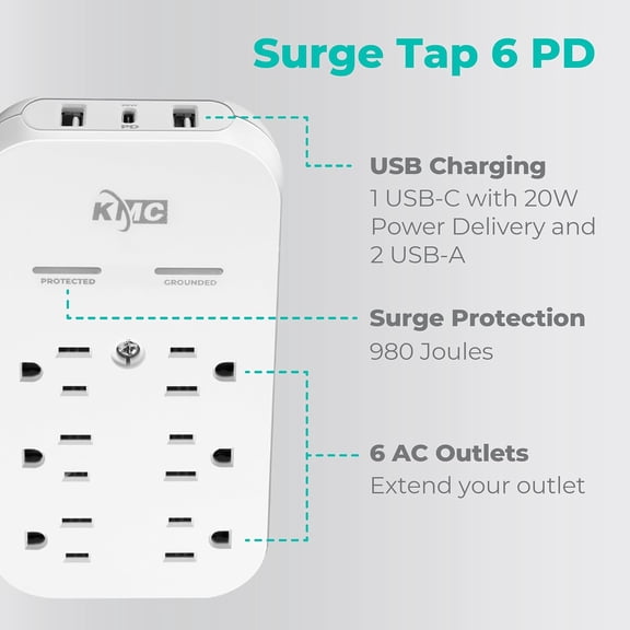 RGHJAR-6-Outlet Extender USB-C PD Surge Protector Wall Tap, Multi-Plug USB Wall Charger, 2 USB-A Ports & USB-C 20W Power Delivery, High-Speed Phone Charger, 980J Surge Protection, UL/ETL Certified, W