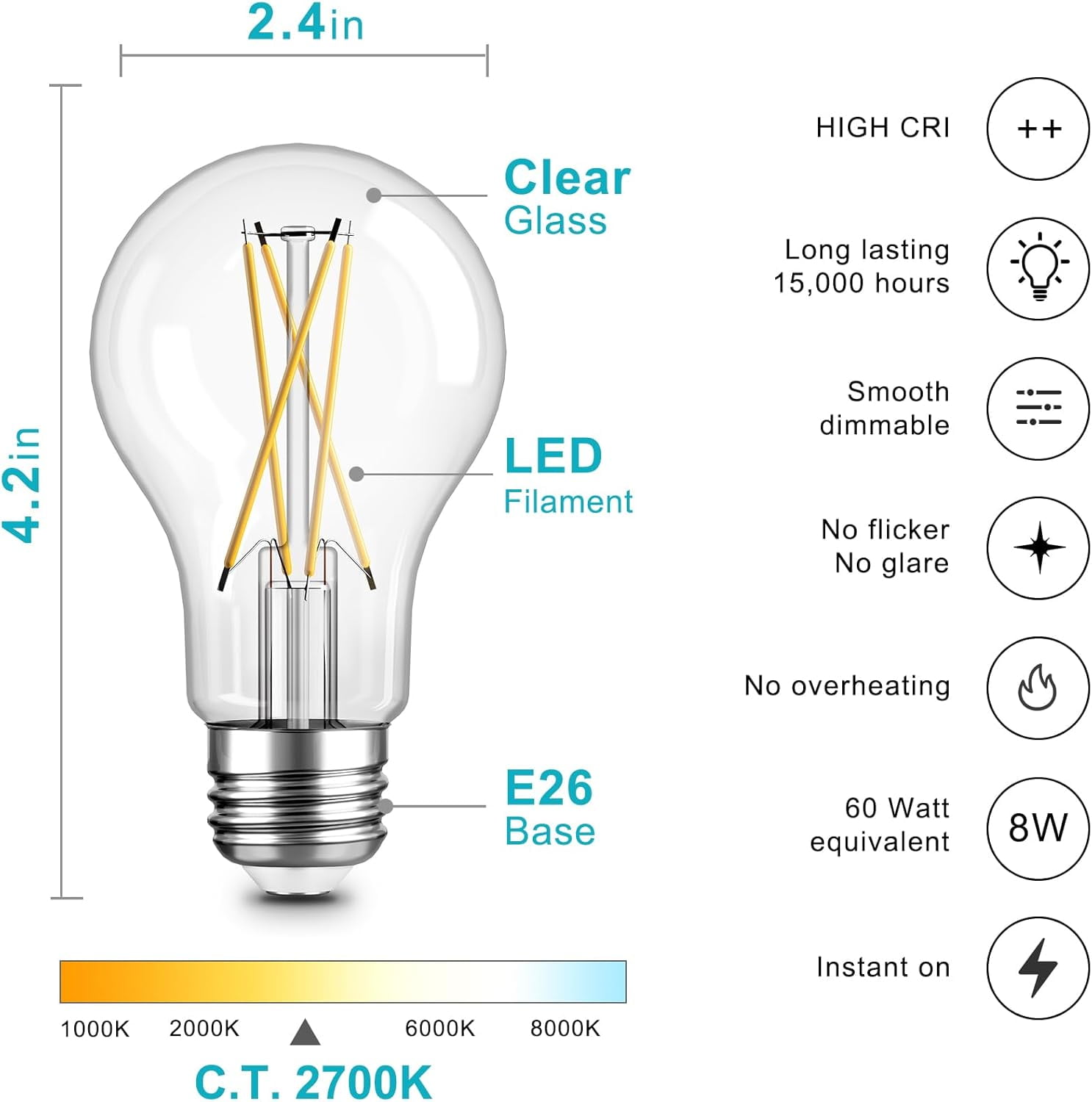 RGHJAR-6 Pack A19 Vintage LED Edison Bulbs, Dimmable Light Bulb 60W Equivalent, High Brightness 2700K Warm White, 8W E26 Standard Base, 800Lumens, CRI80+, Clear Glass Filament Bulb for Home, Farmhous