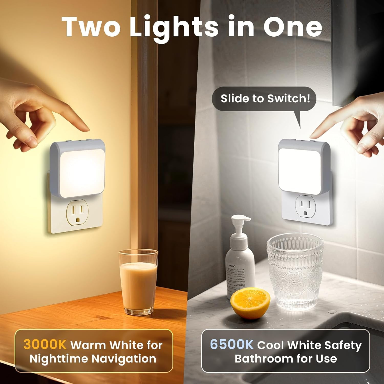 RGHJAR-6-Pack Dimmable LED Night Lights Plug into Wall with Dusk to Dawn Sensor, 2 Color in 1 Plug in Night Light 30-60lm Brightness Adjustable, Auto-On/Off Nightlight for Bedroom, Kitchen, Bathroom,