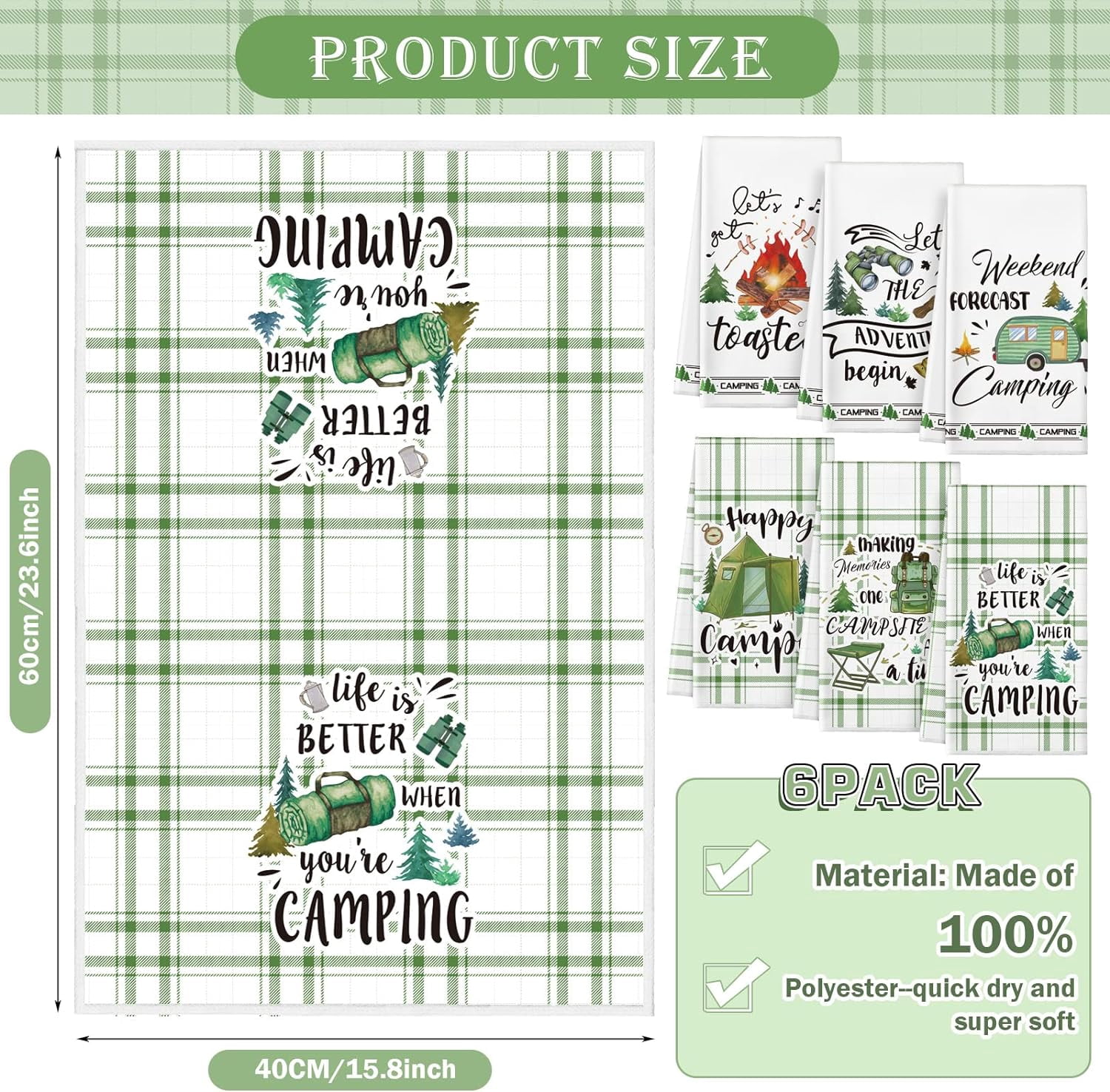 RGHJAR-6 Pcs Camping Kitchen Towels Bonfire Tent Car Dishcloth Outdoors Happy Camper Hand Tea Towels Decorative Set Absorbent Camping Decor with Hanging Loop for Camper Gifts RV Accessories(White)