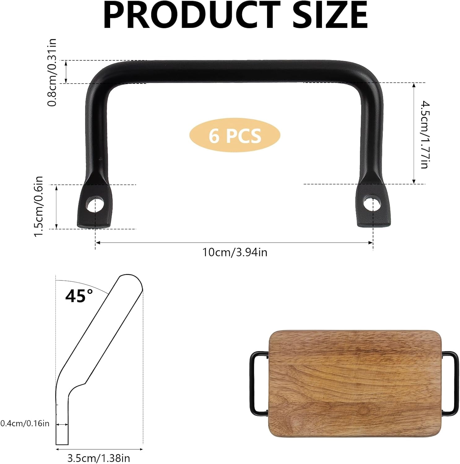 RGHJAR-6 Pcs Metal Charcuterie Board Handles, Black Matte, 4 Inch Pull Handles, Side Fixing, for Trays, Stove Cover, Noodle Board, Cutting Board