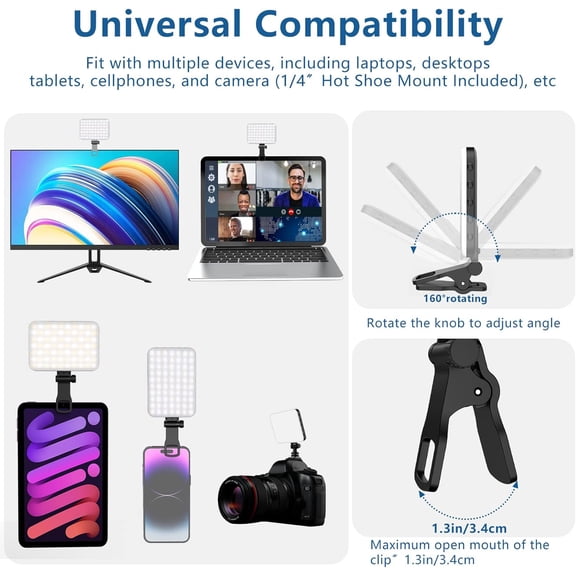 RGHJAR-60 LED Portable Selfie Light Video Conference Lighting with Clip & Camera Tripod Adapter Rechargeable 2200mAh CRI 97+, 3 Light Modes for Phone iPhone Webcam Laptop Photo Makeup