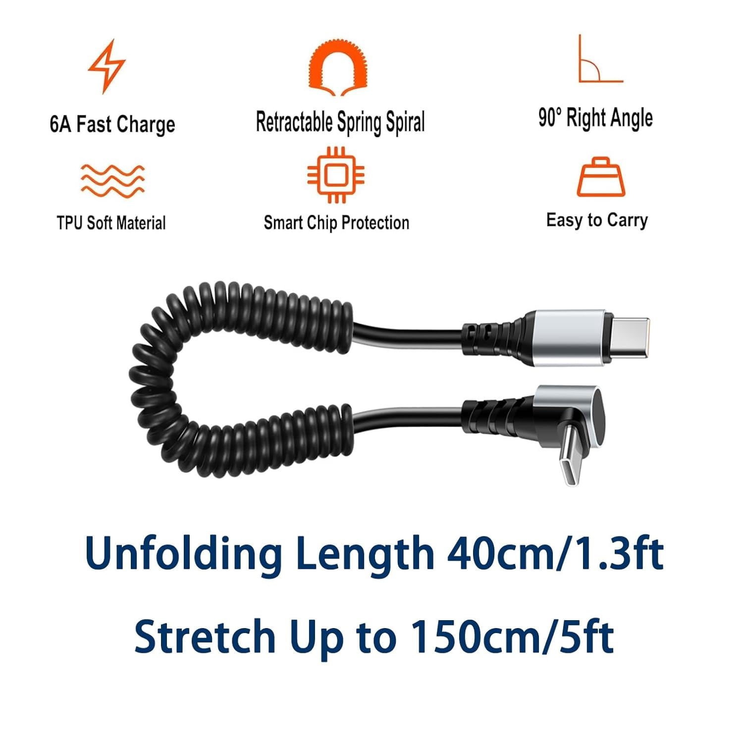 RGHJAR-60W Coiled USB C to USB C Cable,90 Degree USB-C Cord for Car,Retractable Spring Spiral,Type-C Charger Cord with Data Sync,Compatible with i-Phone 16 15 Plus/Pro/Pro Max,Galaxy S24 S23 S22（1.3F