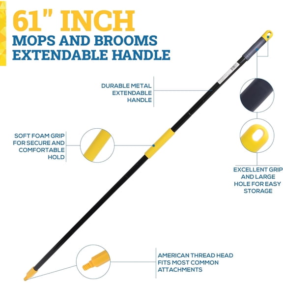 RGHJAR-61" Metal Extendable Mop/Broom Handle with Threaded Plastic Screw, 4 Section Pole, Compatible with Most Mops and Broom Heads, Black/Yellow
