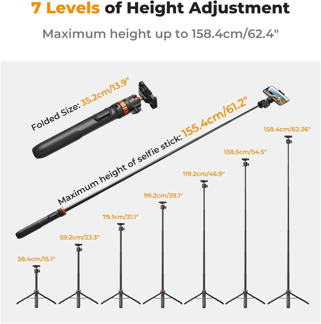 RGHJAR-62'' Phone Selfie Stick Tripod, 2-in-1 Extendable Cell Phone Tripod Stand with Remote, 360° Ball Head Camera Tripod Compatible with DJI Osmo Pocket 4/3 Action 6/5Pro GoPro 13/12 iPhone.