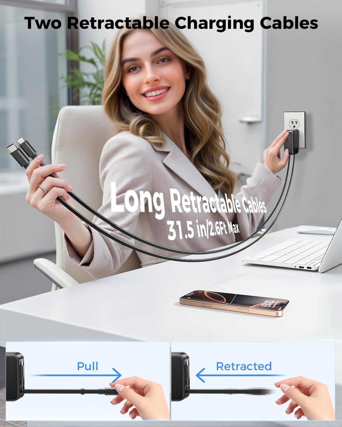 RGHJAR-62W Retractable Wall Charger with Dual Cables, 3-Port USB Charger Block, 35W iPhone Chargers Fast Charging for iPhone 17/16/15/14/13/12/11 Series, Pad, Tablet, LG, Samsung and More