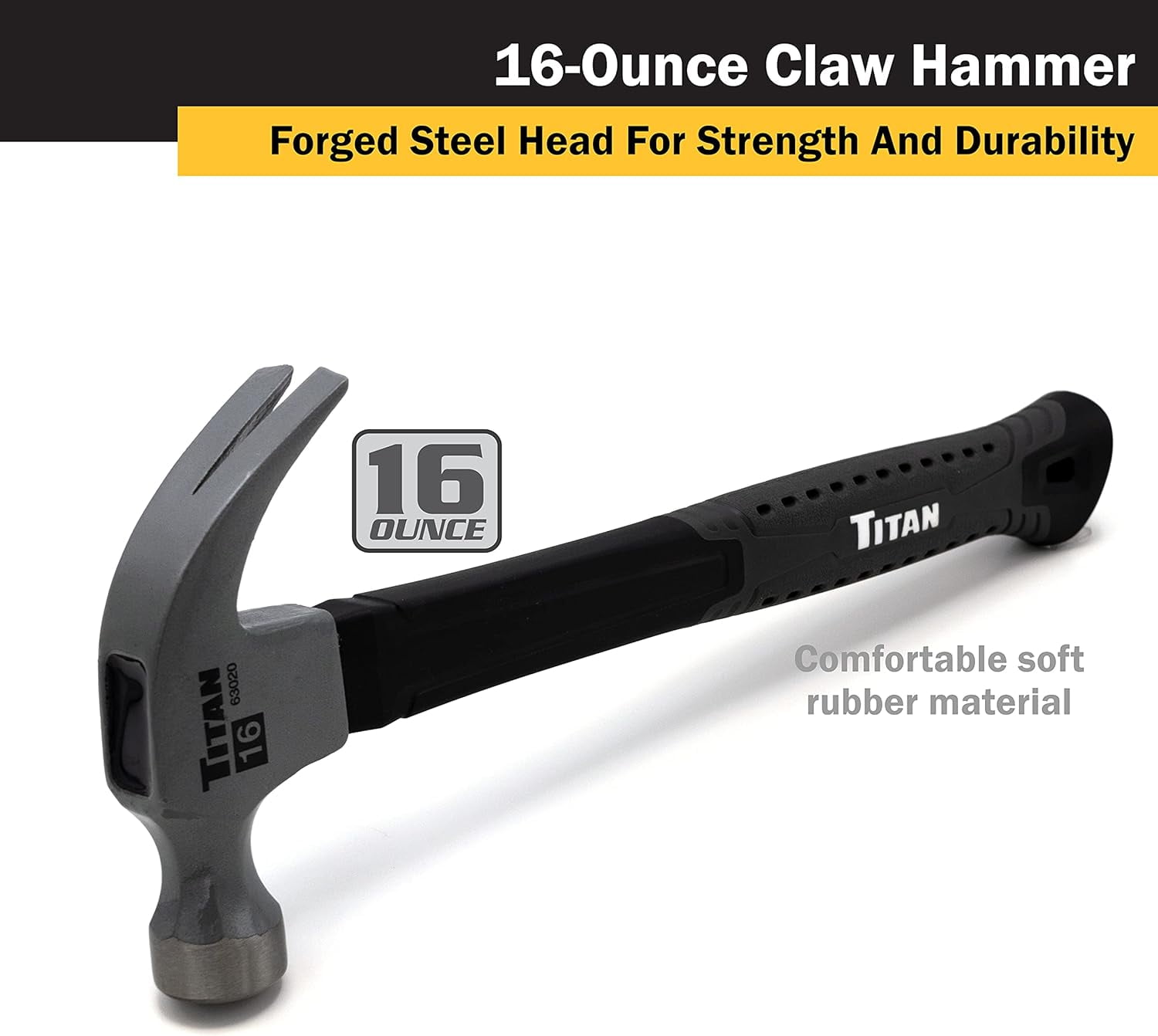 RGHJAR-63020 16oz Claw Hammer, Forged Steel Head, 13" Shock Absorbing Fiberglass Handle with Textured Grip