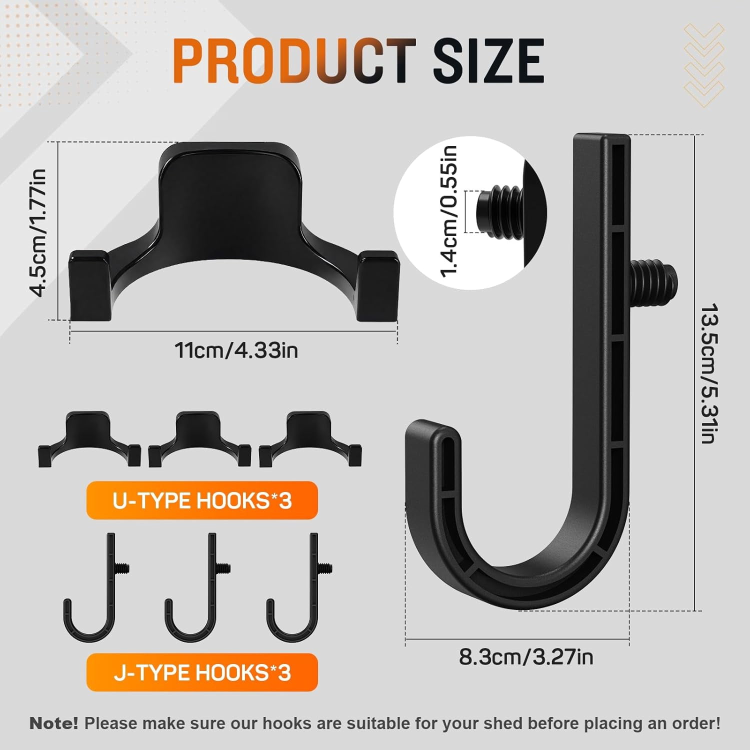 RGHJAR-6Pcs Storage Shed Hooks Compatible with Suncast Shed, Black J and U Tool Hangers for Organizing Tool, Ladders, Bulk Items,Storage Shed Shelves Accessories