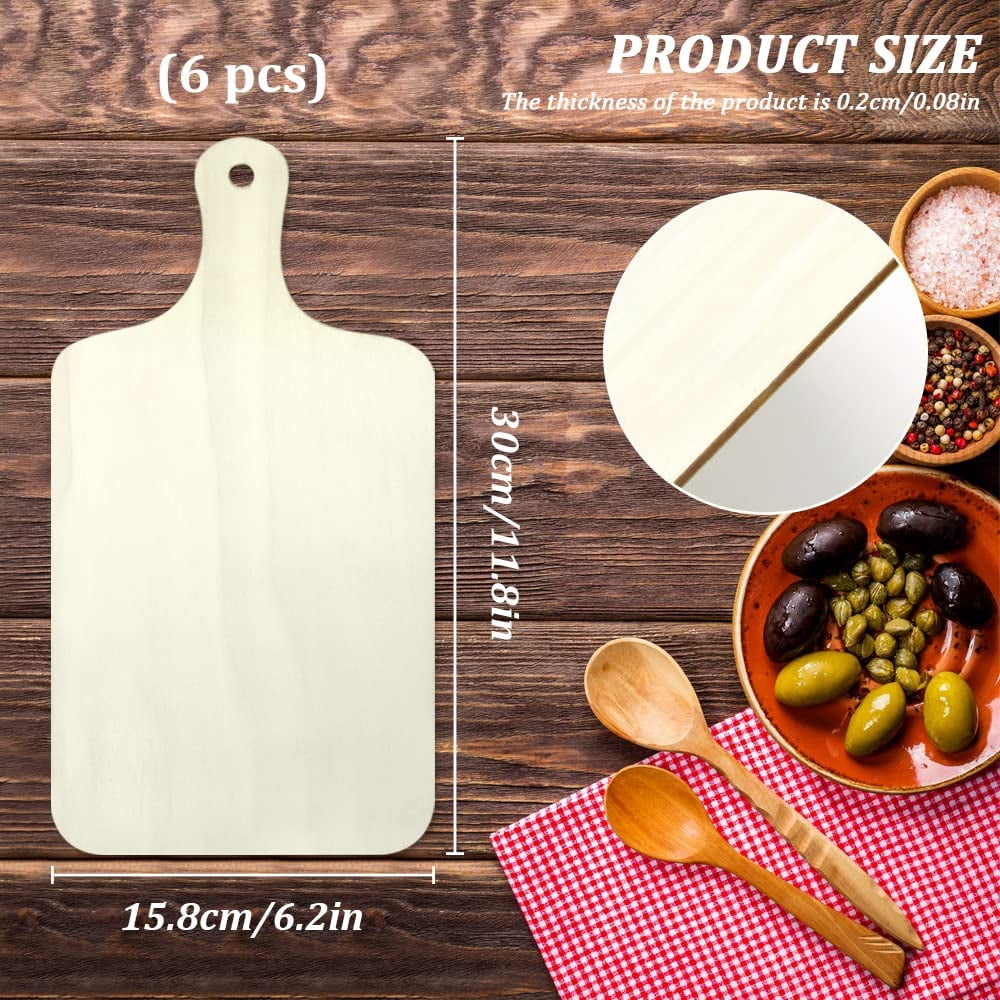 RGHJAR-6Pcs Unfinished Wood Cutting Boards for Crafts with Handle & Hole, Thin Blank Wooden Pieces for Signs Cutout Crafting Painting, Small Natural Serving Paddle Board for Cheese Bread Food
