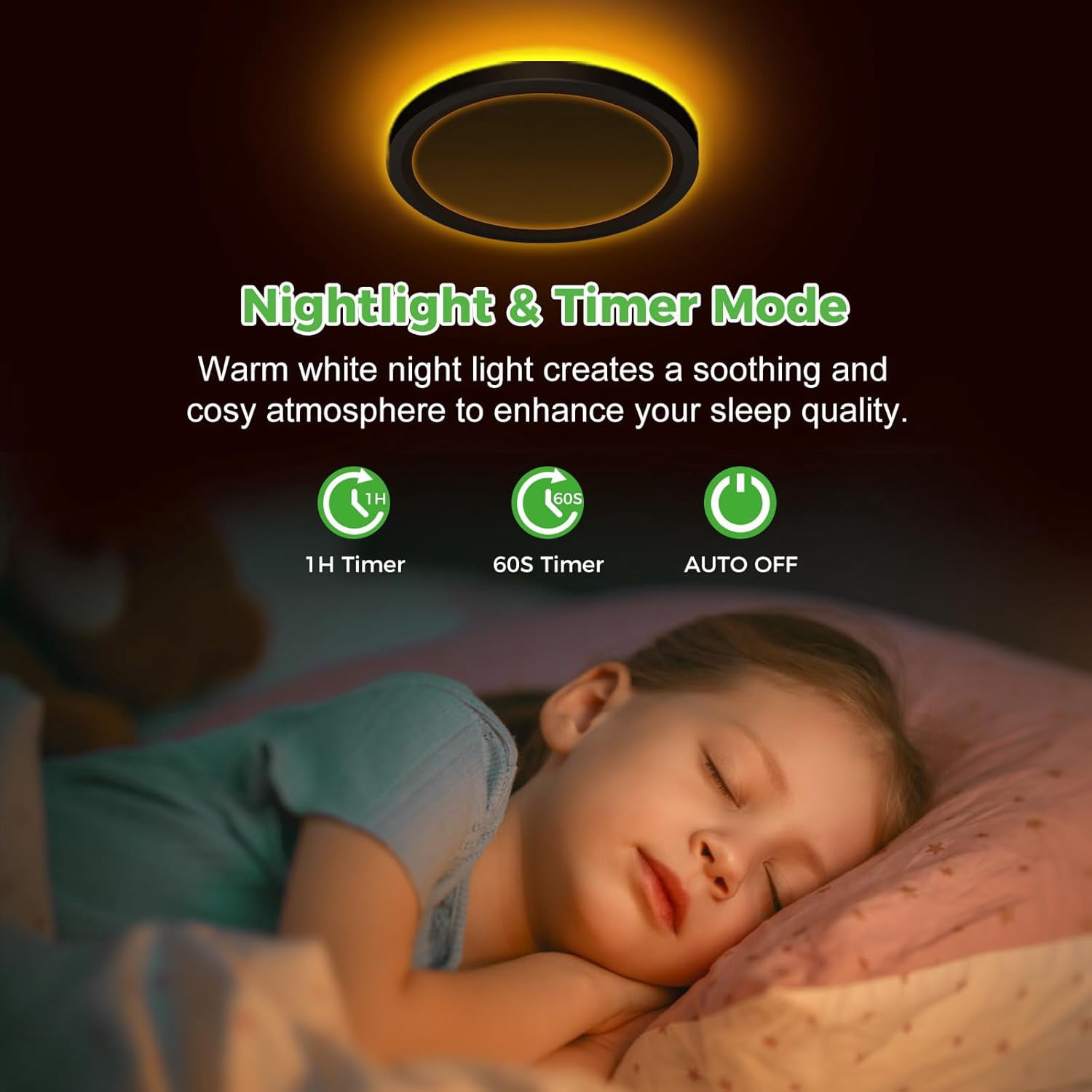 RGHJAR-7 Inch LED Ceiling Light with Night Light 1800K, 3000K/4000K/6500K Dimmable Light Fixtures with Remote Control,12W 1200lm Flush Mount Ceiling Lamp for Bedroom LivingRoom Bathroom Kitchen-Black