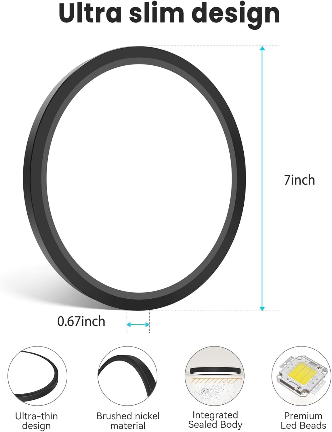 RGHJAR-7 inch Flush Mount LED Ceiling Light Fixture, 3000K-6500K Adjustable, 15W 1500lm Black Satin Round Ceiling Lamp for Bathroom Hallway Kitchen Bedroom, 1 Pack