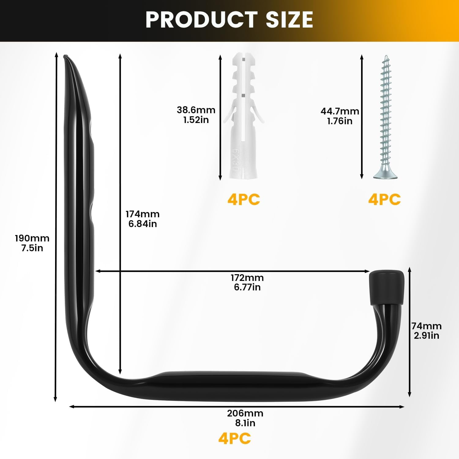 RGHJAR-8-Pack Heavy Duty Garage Hooks for Hanging 50 lbs, 8” & 3.5” J Utility Hooks for Garage, Large Metal,Heavy Duty, Black
