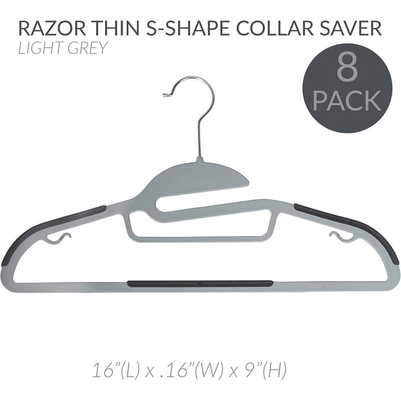RGHJAR-8 Pack Ultimate Hanger | S-Shape Collar Saver | Ultra-Thin | Non-Slip | Accessory Bar | Belts | Scarves | Ties | Tank Top | Closet Organization | Light Grey
