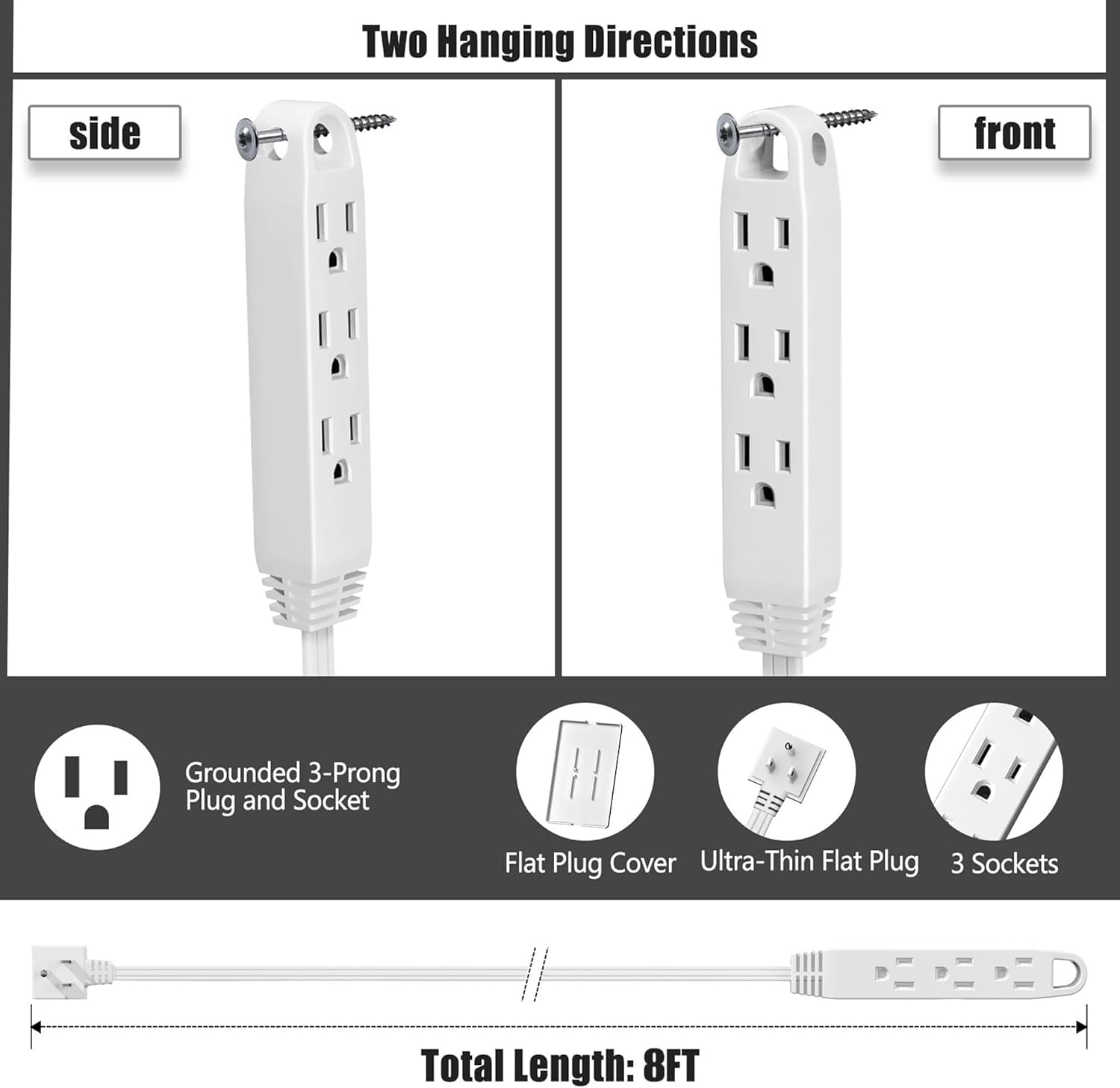 RGHJAR-8FT Ultra Flat Plug Extension Cord Power Strip with 3 Outlets, Patented Detachable Ultra-Thin Outlet Cover Concealer & Ultra-Flat Plug, Max. 13A 125V 1625W ETL Listed, White Color
