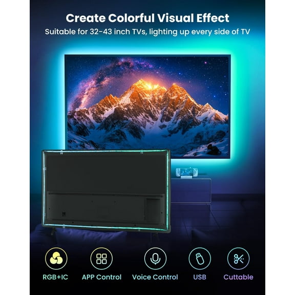 RGHJAR-9.84ft LED Lights for 32-43 Inch TV, RGB+IC TV Lights Backlight Strip Behind, with 44 Scene Modes, Bluetooth APP and Voice Control, Music Sync Smart Ambient Lighting for Gaming, Bedroom, Livin