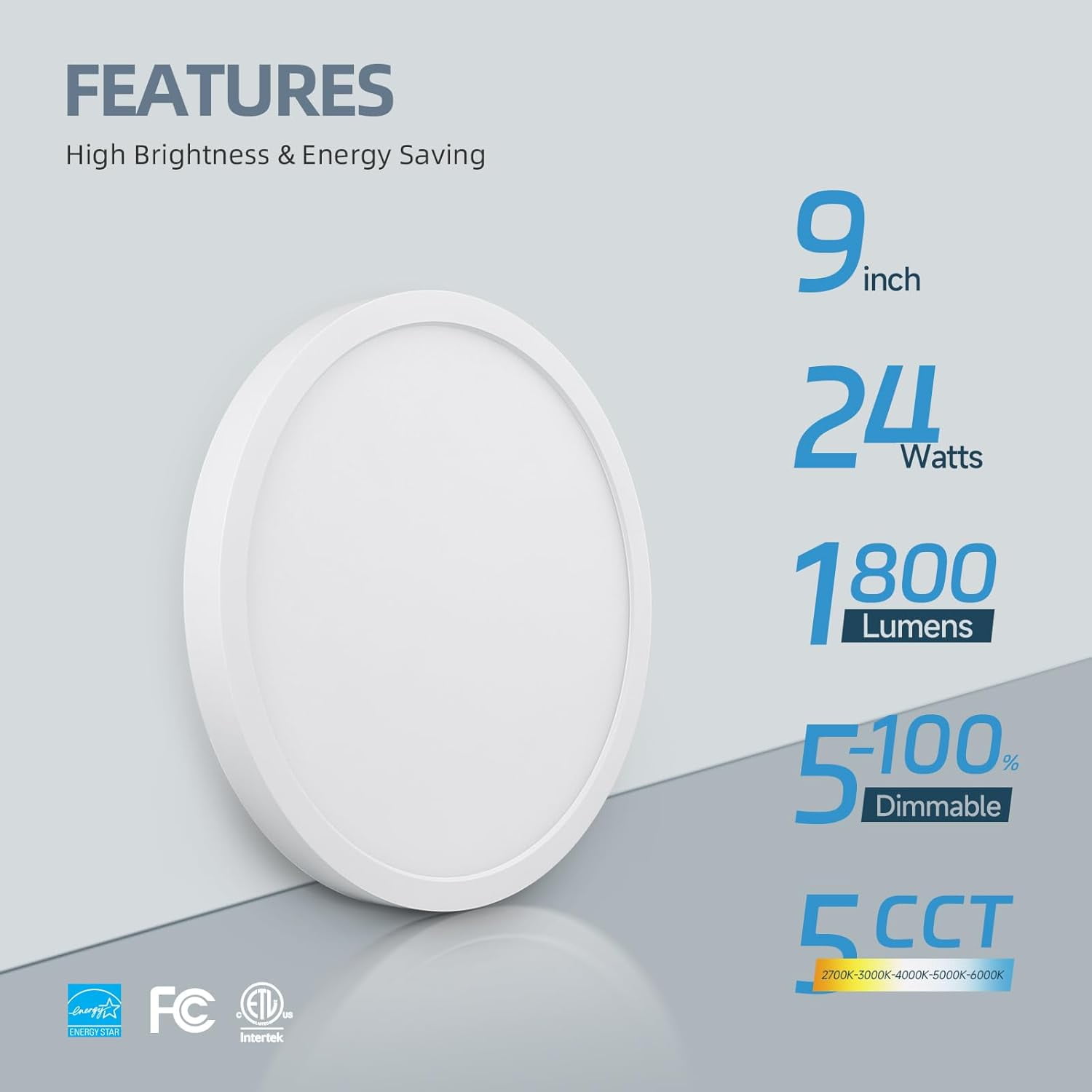 RGHJAR-9 Inch Flush Mount Ceiling Light, 5 Color Temperatures Selectable, 24W 1800Lm Dimmable Ultra-Thin Round Lighting Fixture for Bedroom, Porch, Hallway, Stairwells, ETL Listed