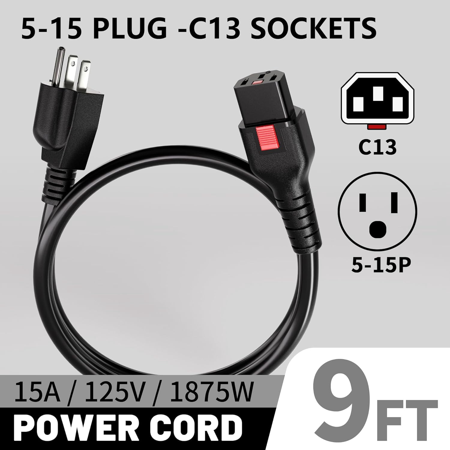 RGHJAR-9FT Power Cord 3 Prong C13 with Lock, Suitable for Computer, Monitor, Instant Pot, Treadmill, Copier, TV, Heavy Duty 14AWG, 15A, 125V, Black