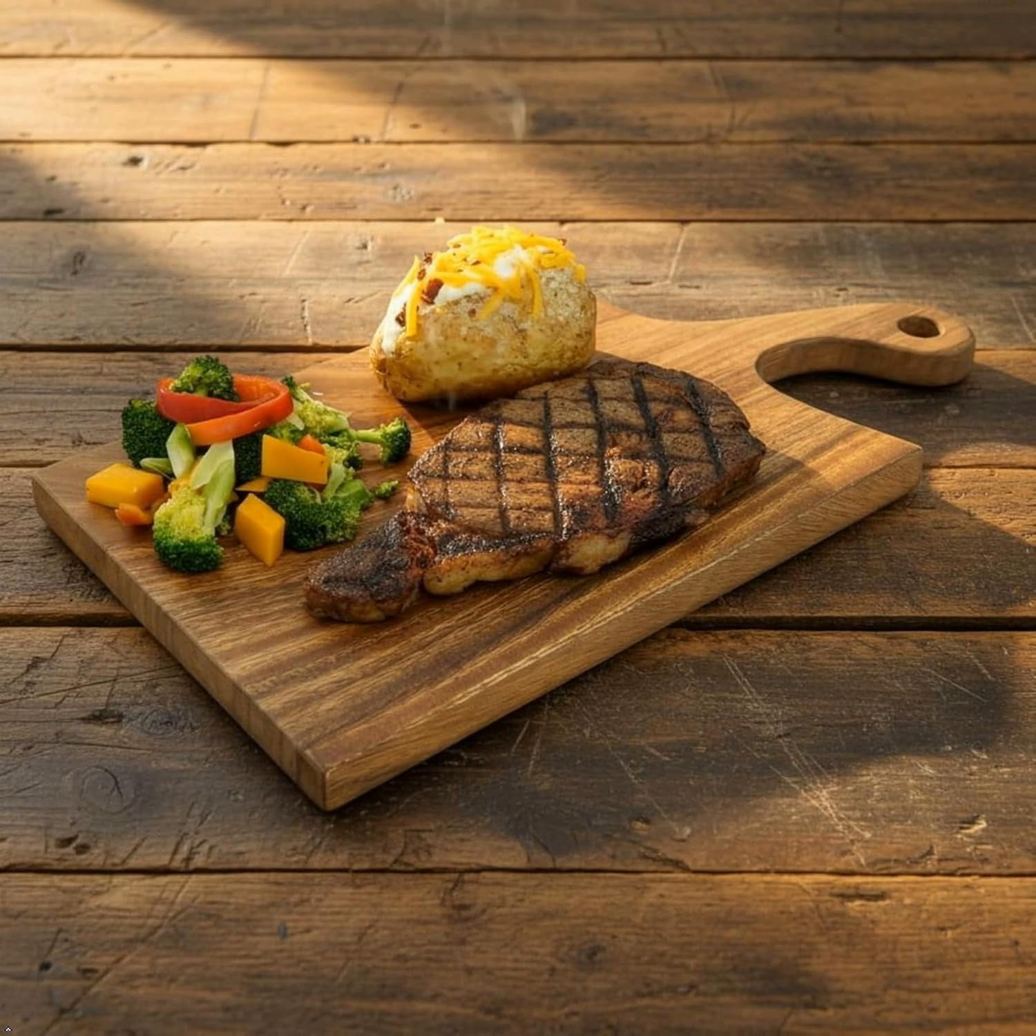 RGHJAR-Acacia Wood Cutting Board with Handle, Single Piece Solid Wood, Double Sided Charcuterie and Bread Board, Knife Friendly Kitchen Prep Board, 17 x 9 Inch