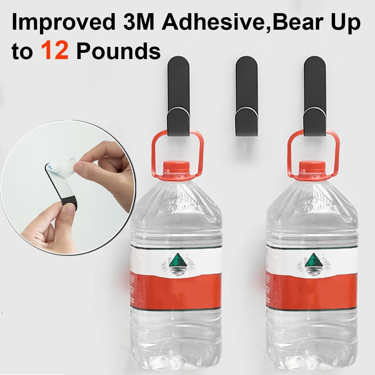 RGHJAR-Adhesive Hooks,12 Pcs, Heavy Duty Hold 12Lbs, Stainless Steel Black Wall Hanger, Adhesive Hanger for Hanging, Metal Sticky J Strip Hooks, for Hat, Coat, Picture, Backpack, Garage